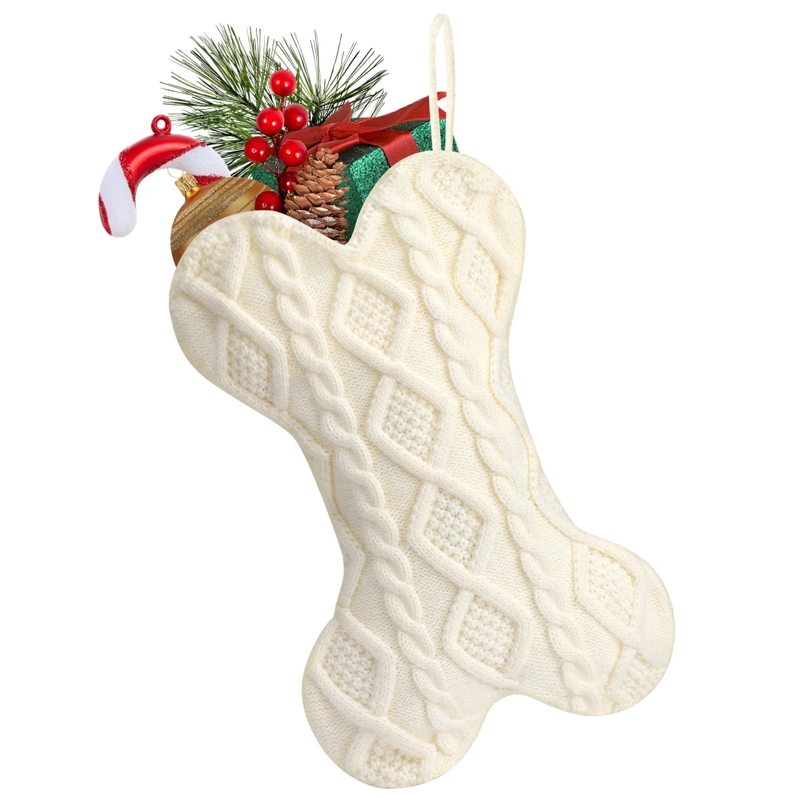 18 Inch Dog Christmas Stocking, Bone Shape Stocking Christmas for Dog, Large Pet Stockings Hanging Christmas Decorations (White)