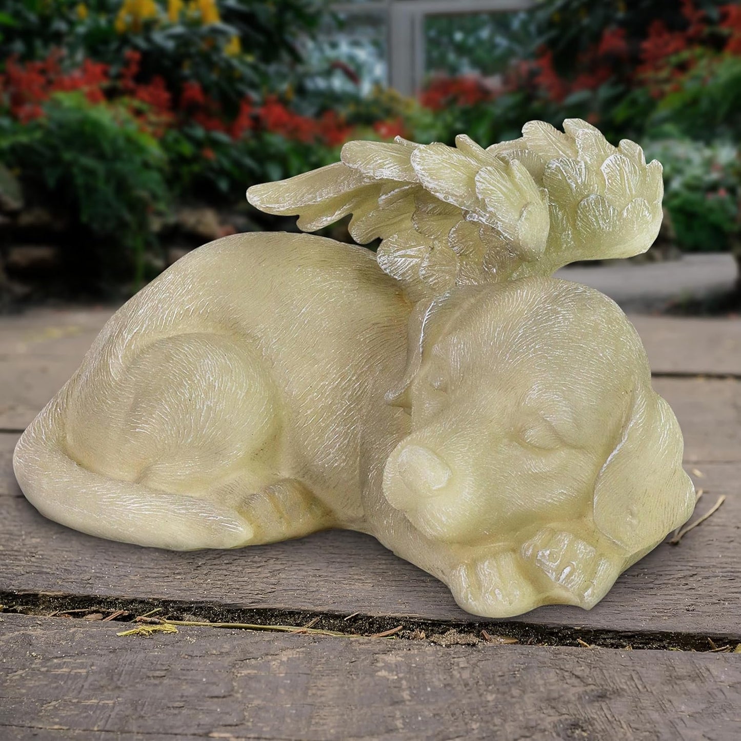 Dog Statue, Solar Pet Memorial Sleeping Dog Garden Sculpture with Angel Wings, LED Light, Outdoor Garden Decoration, 12 X 6.5 Inch