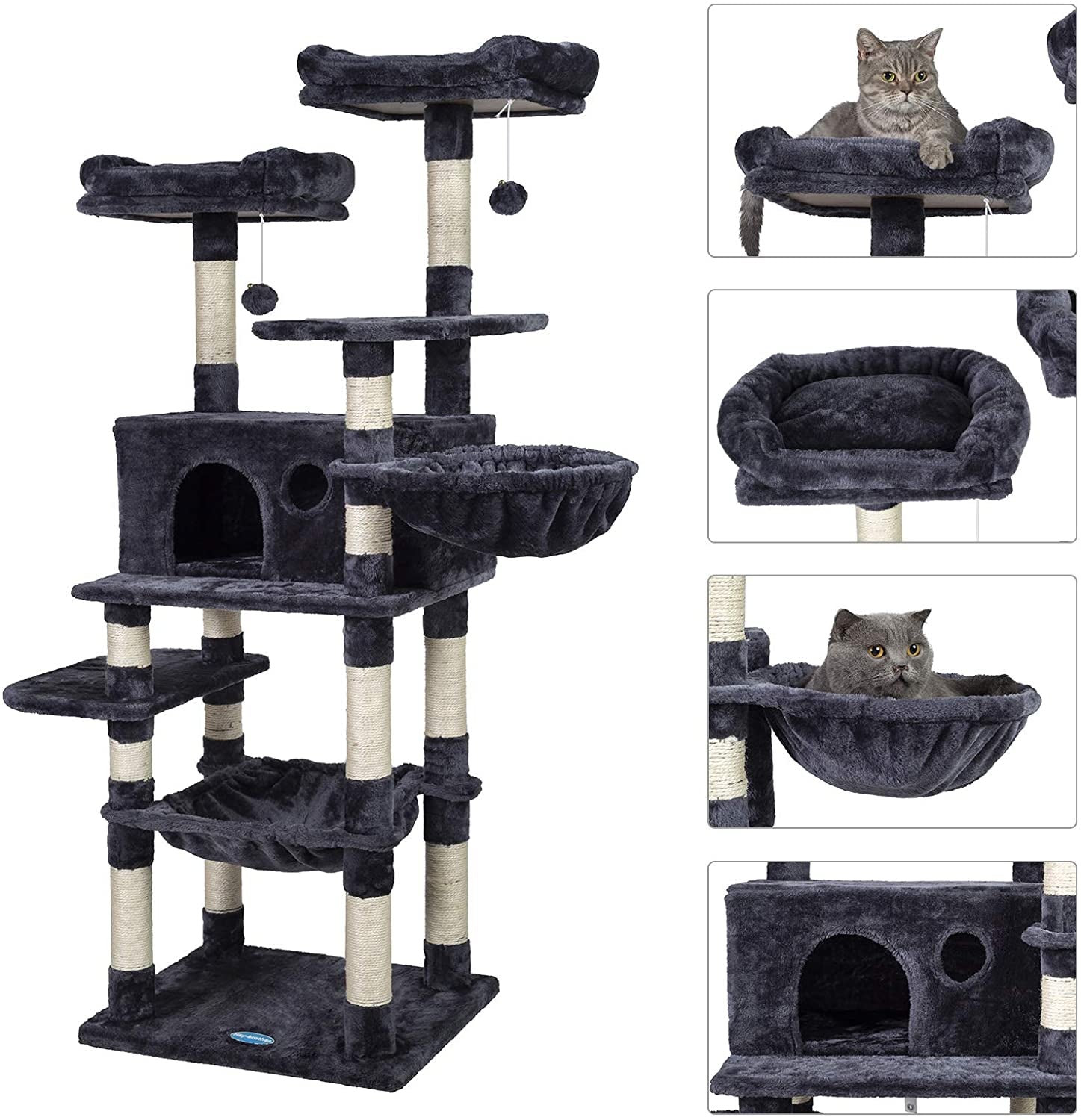 Cat Tree for Large Cats, Cat Tower with Scratching Posts, 2 Padded Plush Perches, Big Condo and Cozy Basket, Smoky Gray MPJ025G