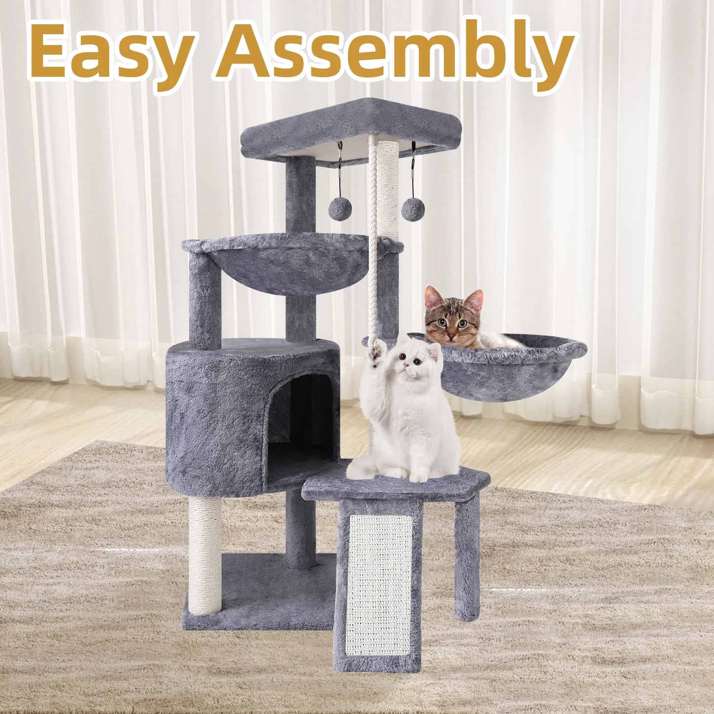 37.4'' Cat Tree Cat Tower with Scratching Posts, Activity Centre Climbing Tree Cat Furniture with Cat Condo and Two Hammocks, Grey