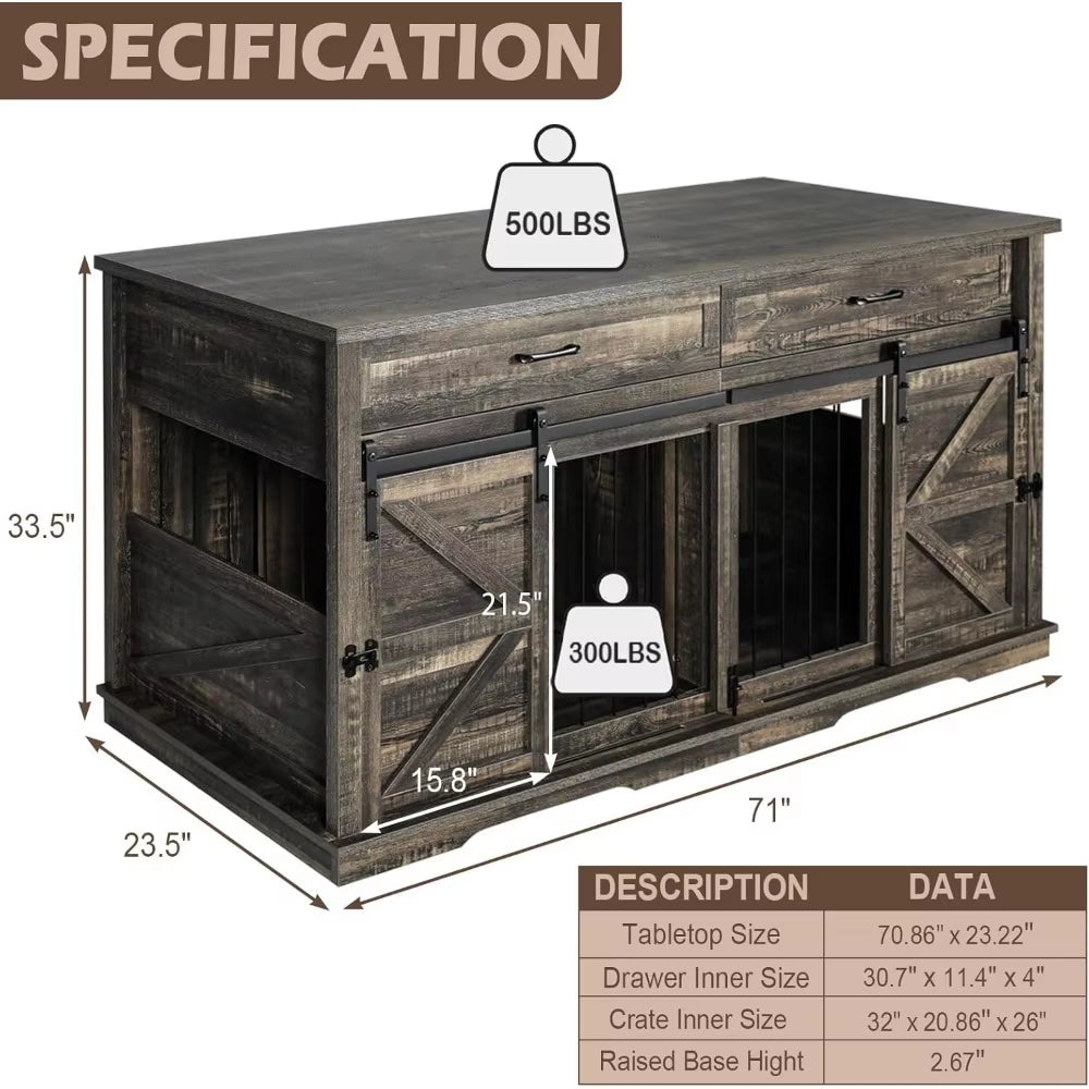 Dog Crate, Double Pet Crate for Large Dog with Divider, Wood Kennel Indoor Cages Kennel Furniture with 2 Drawers, Dog Crate