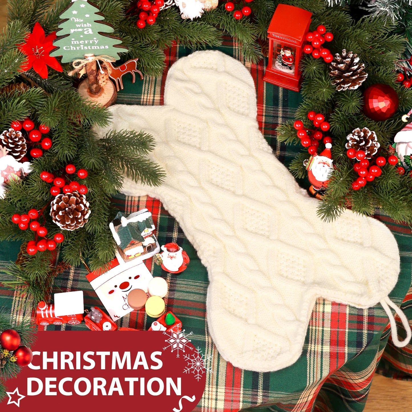 18 Inch Dog Christmas Stocking, Bone Shape Stocking Christmas for Dog, Large Pet Stockings Hanging Christmas Decorations (White)