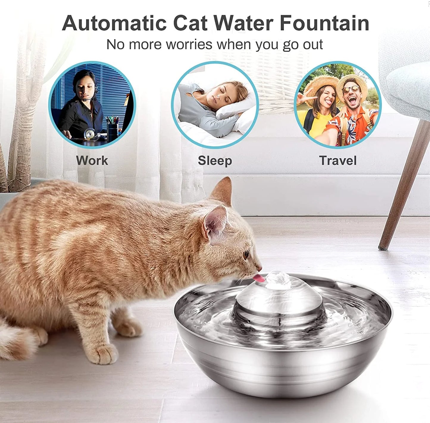 360°Automatic Cat Water Dispenser for Cats and Dogs, Cat Water Fountain Stainless Steel, 67Oz/2L Silent Pet Drinking Fountain with 5 Filter for Dogs, Cats, Small Animals