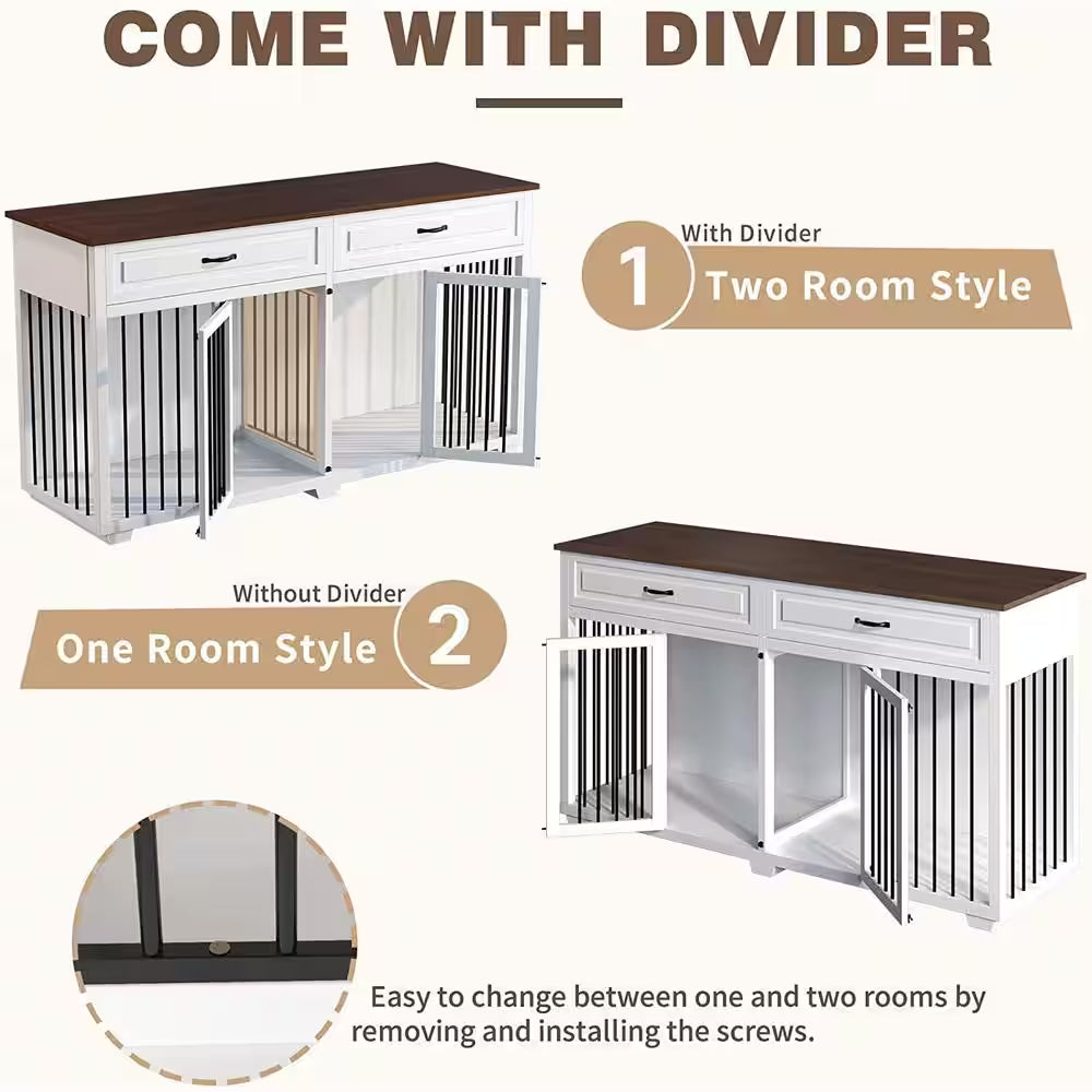 White Wooden Accent Storage Cabinet with 2-Drawer, Dog Crates Cage Furniture for Large Dog