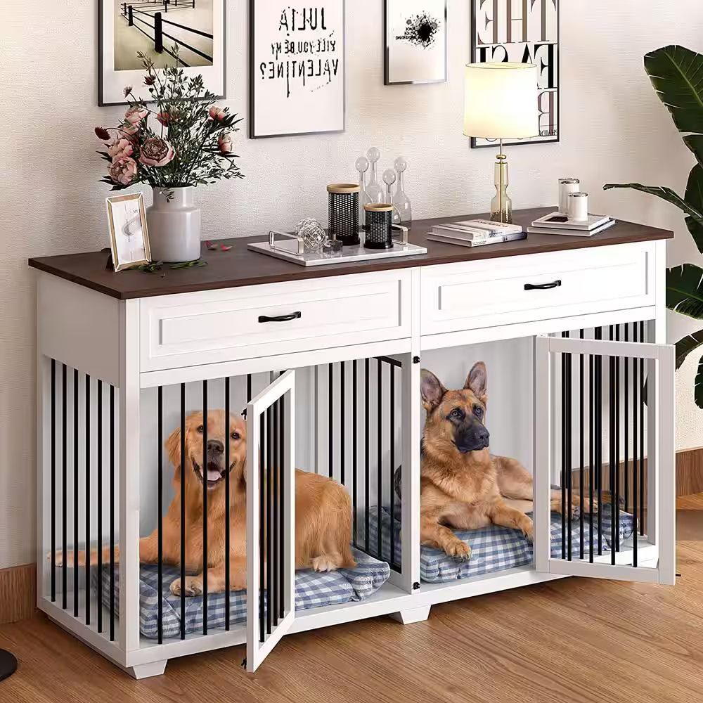 White Wooden Accent Storage Cabinet with 2-Drawer, Dog Crates Cage Furniture for Large Dog