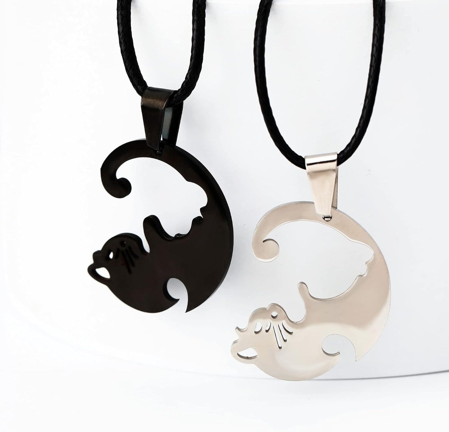 Matching Cat Yin Yang Necklace for Couples Women Men, Stainless Steel Puzzle Pet Dog BFF Necklaces for 2, Funny Cat Dog Lovers Gifts