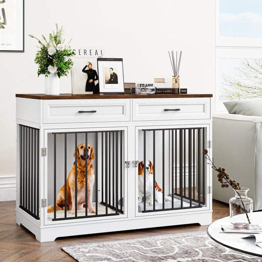 Dog Crate Furniture with 2 Drawers, 47.2 in Large Wooden Indoor Dog Cage Table with Divider & Lockable Doors for Medium Dogs, White