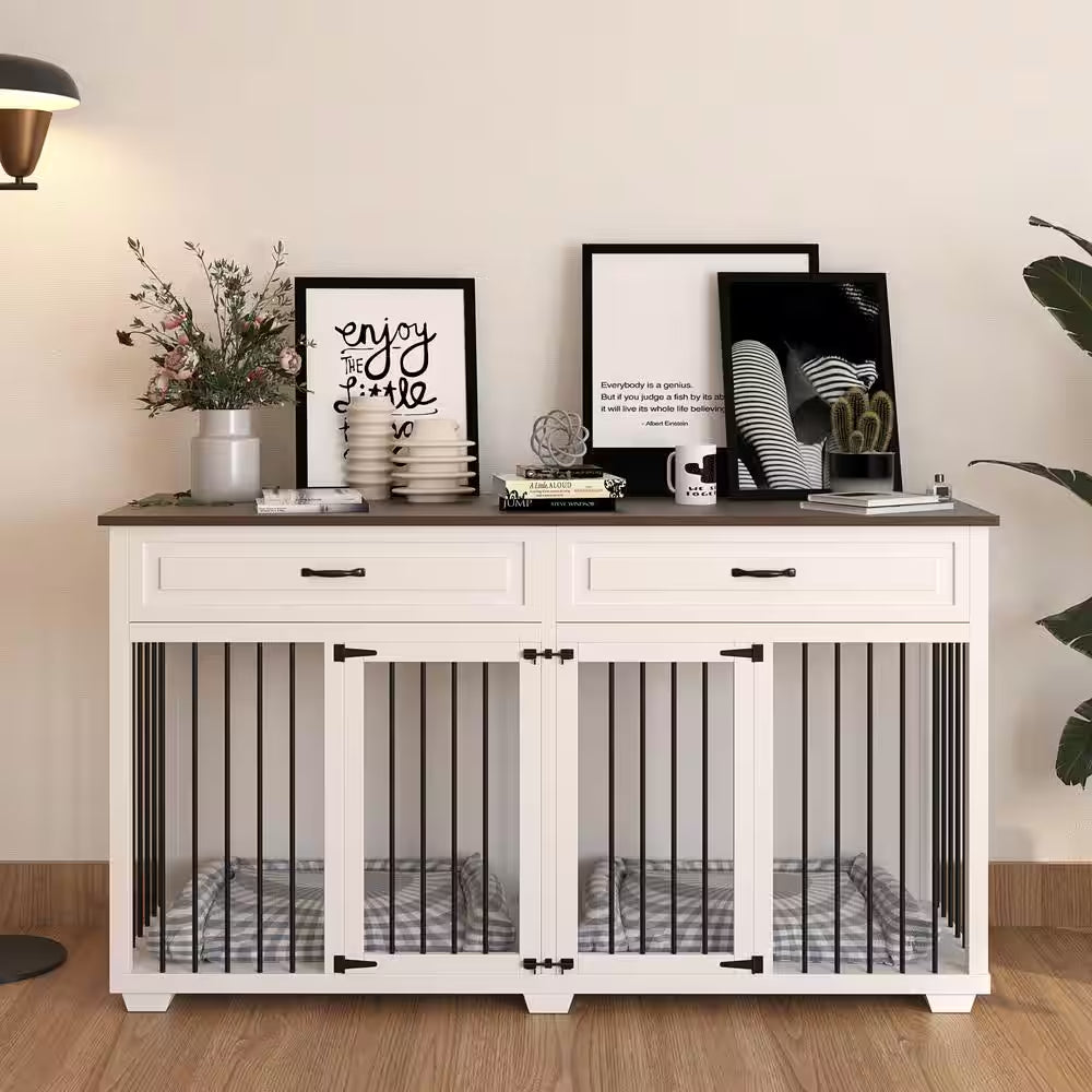 White Wooden Accent Storage Cabinet with 2-Drawer, Dog Crates Cage Furniture for Large Dog