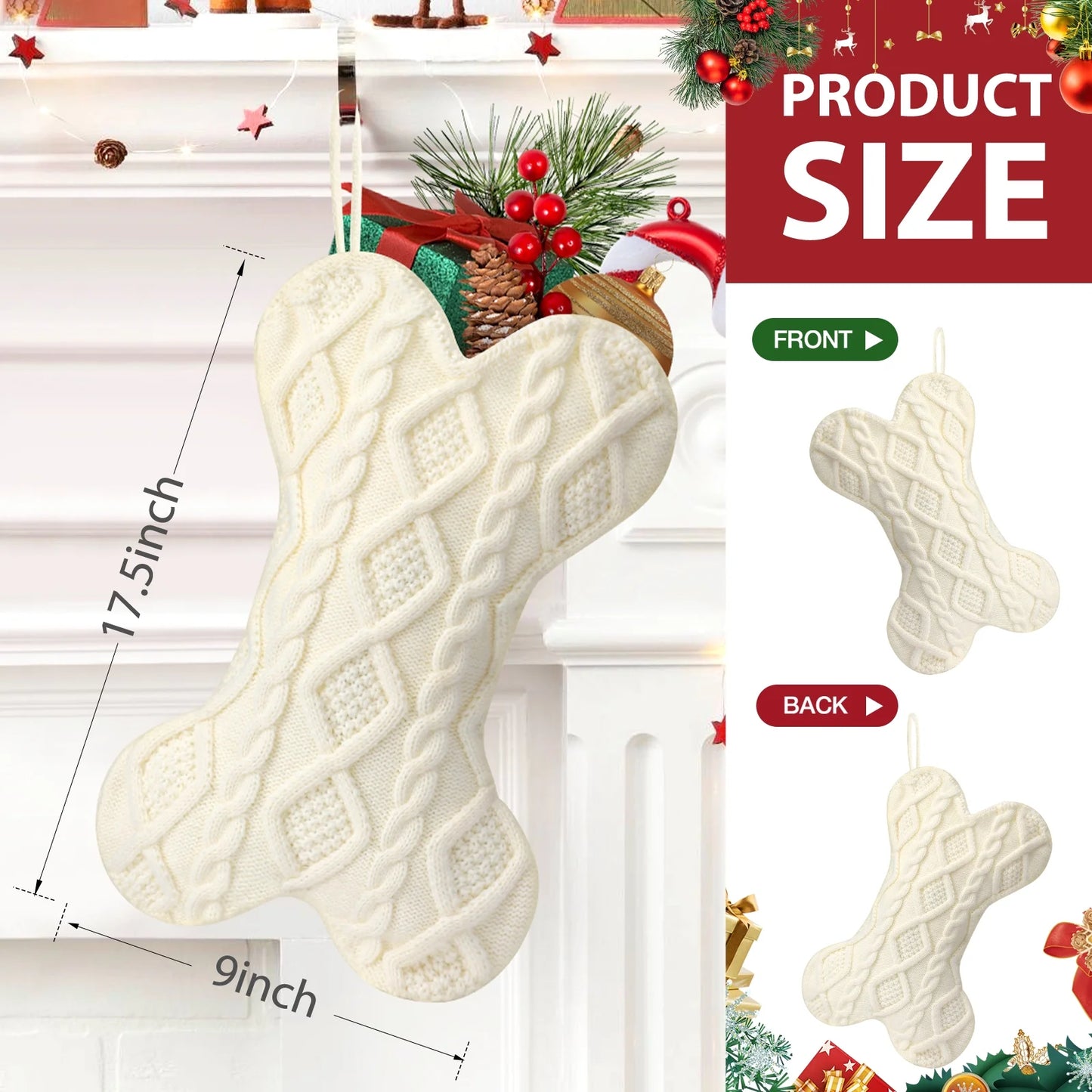 18 Inch Dog Christmas Stocking, Bone Shape Stocking Christmas for Dog, Large Pet Stockings Hanging Christmas Decorations (White)