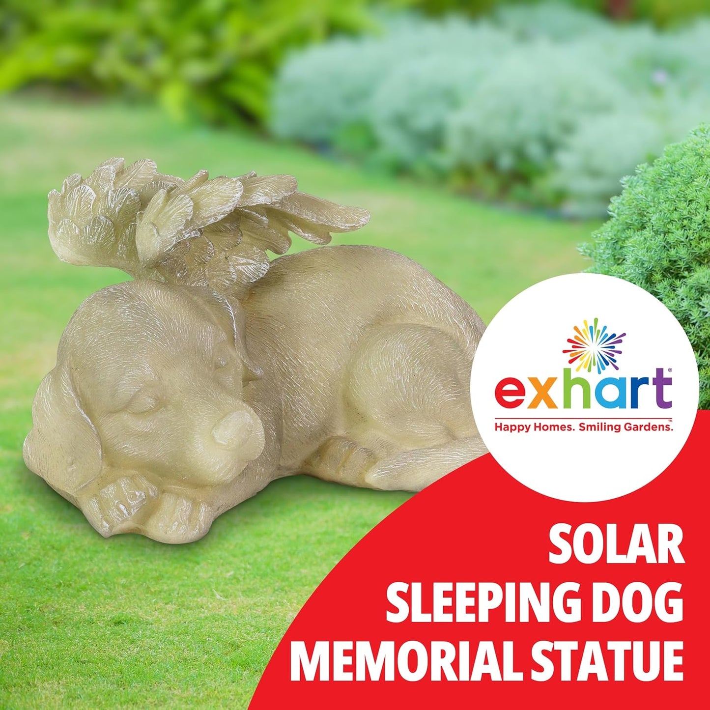 Dog Statue, Solar Pet Memorial Sleeping Dog Garden Sculpture with Angel Wings, LED Light, Outdoor Garden Decoration, 12 X 6.5 Inch