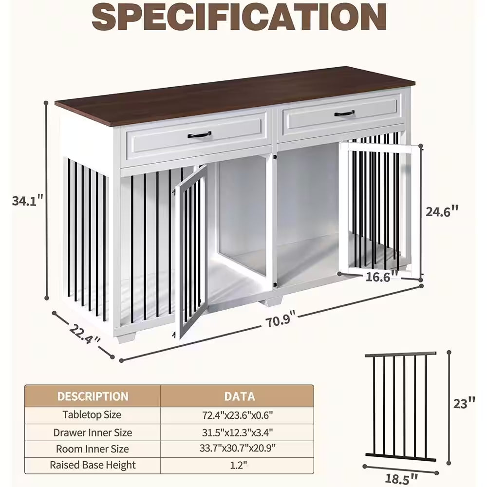 White Wooden Accent Storage Cabinet with 2-Drawer, Dog Crates Cage Furniture for Large Dog