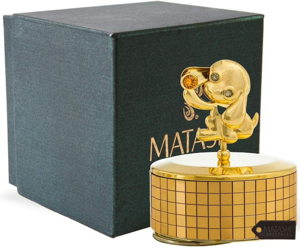 24K Gold Plated Puppy Dog Music Box Plays - “Love Story” Gold Tabletop Ornament with Crystals Showpiece for Home Bedroom Living Room Decor Gift for Musician Christmas New Year