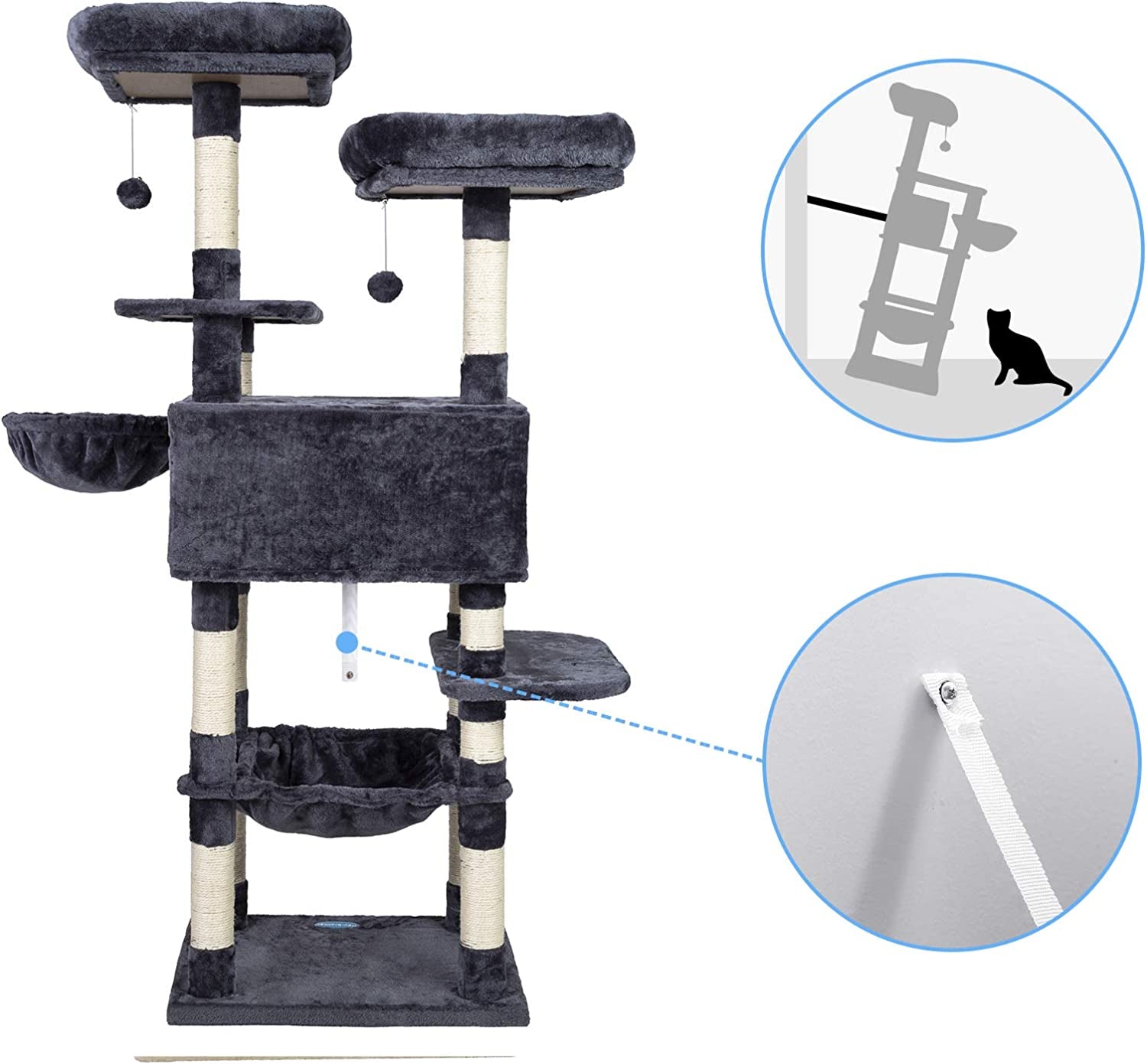 Cat Tree for Large Cats, Cat Tower with Scratching Posts, 2 Padded Plush Perches, Big Condo and Cozy Basket, Smoky Gray MPJ025G