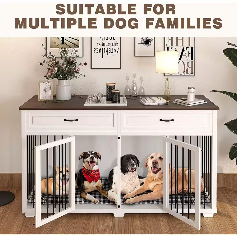 White Wooden Accent Storage Cabinet with 2-Drawer, Dog Crates Cage Furniture for Large Dog