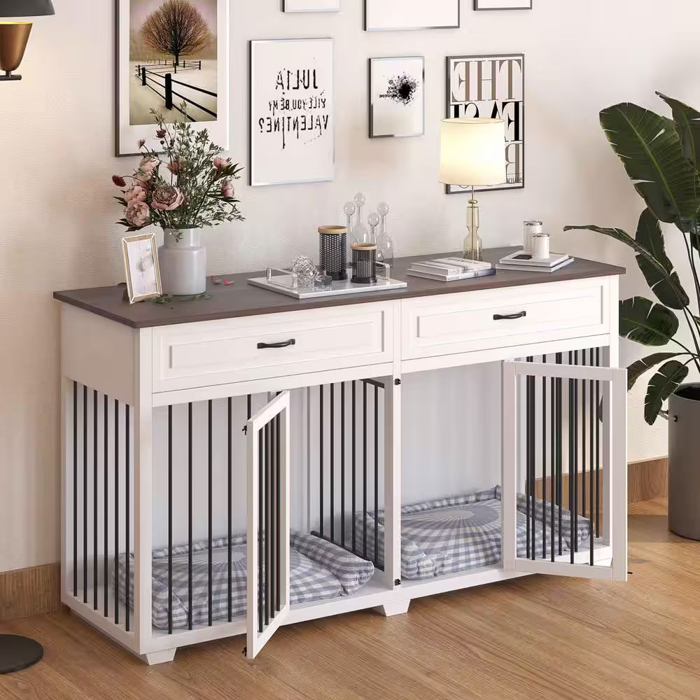 White Wooden Accent Storage Cabinet with 2-Drawer, Dog Crates Cage Furniture for Large Dog