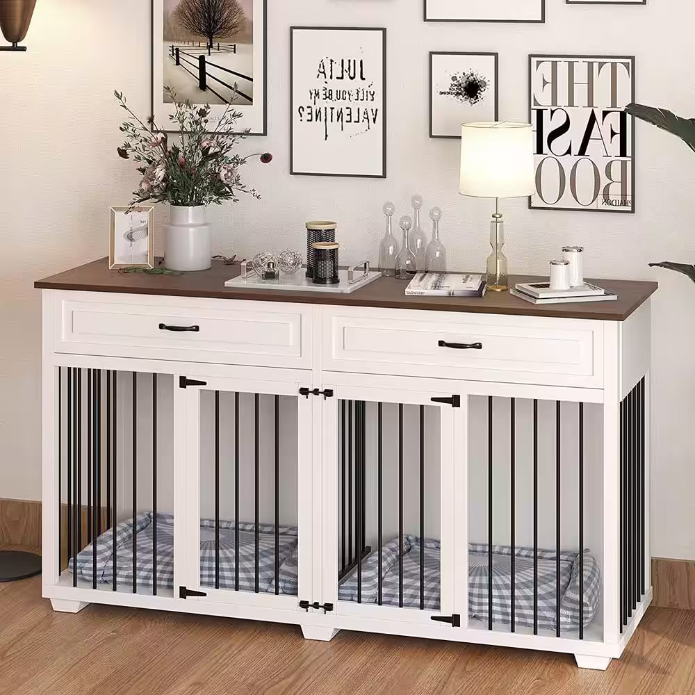 White Wooden Accent Storage Cabinet with 2-Drawer, Dog Crates Cage Furniture for Large Dog