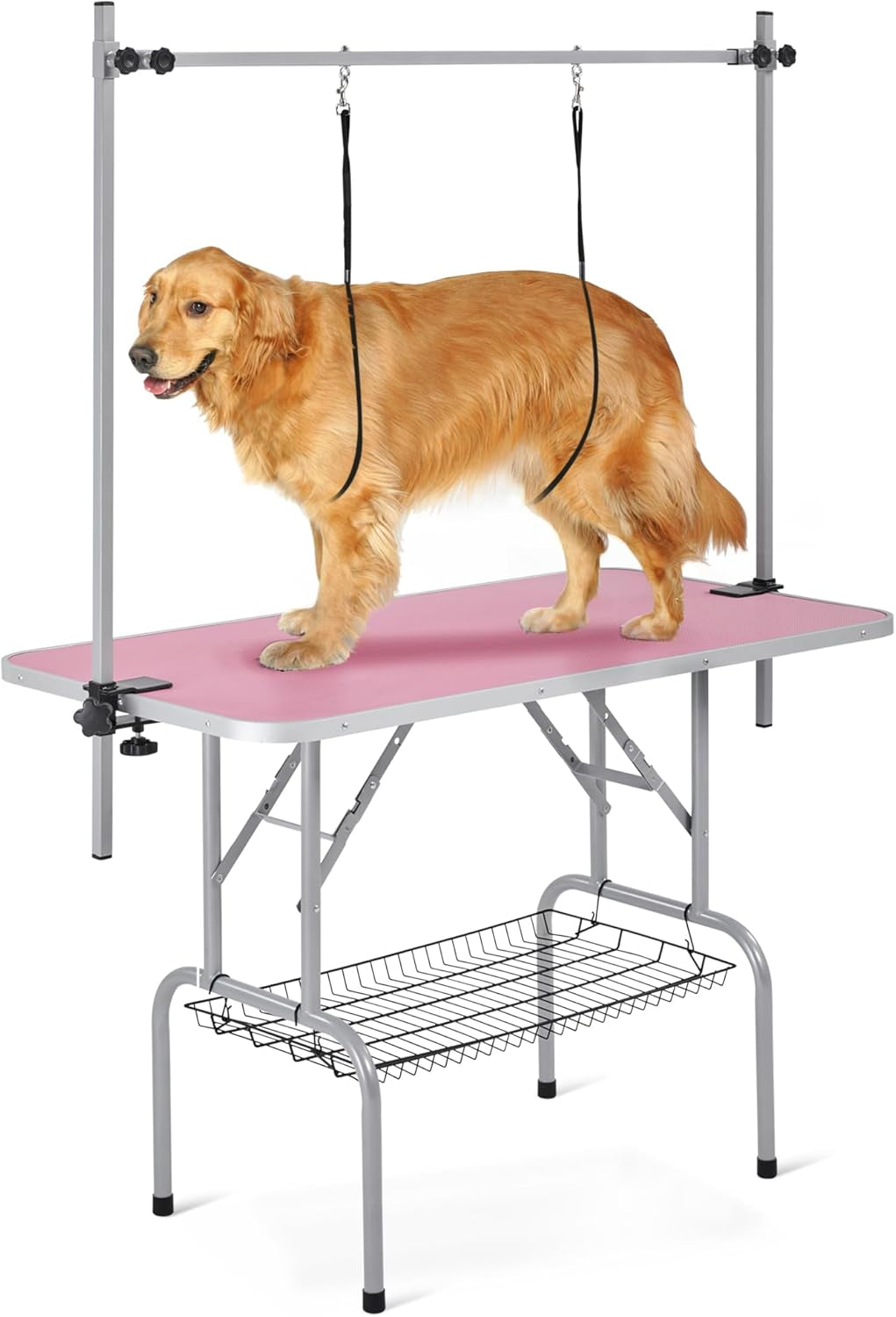 46'' Pet Grooming Table for Large Dogs Adjustable Height - Portable Trimming Table Drying Table W/Arm/Noose/Mesh Tray Maximum Capacity up to 265Lb -Pink